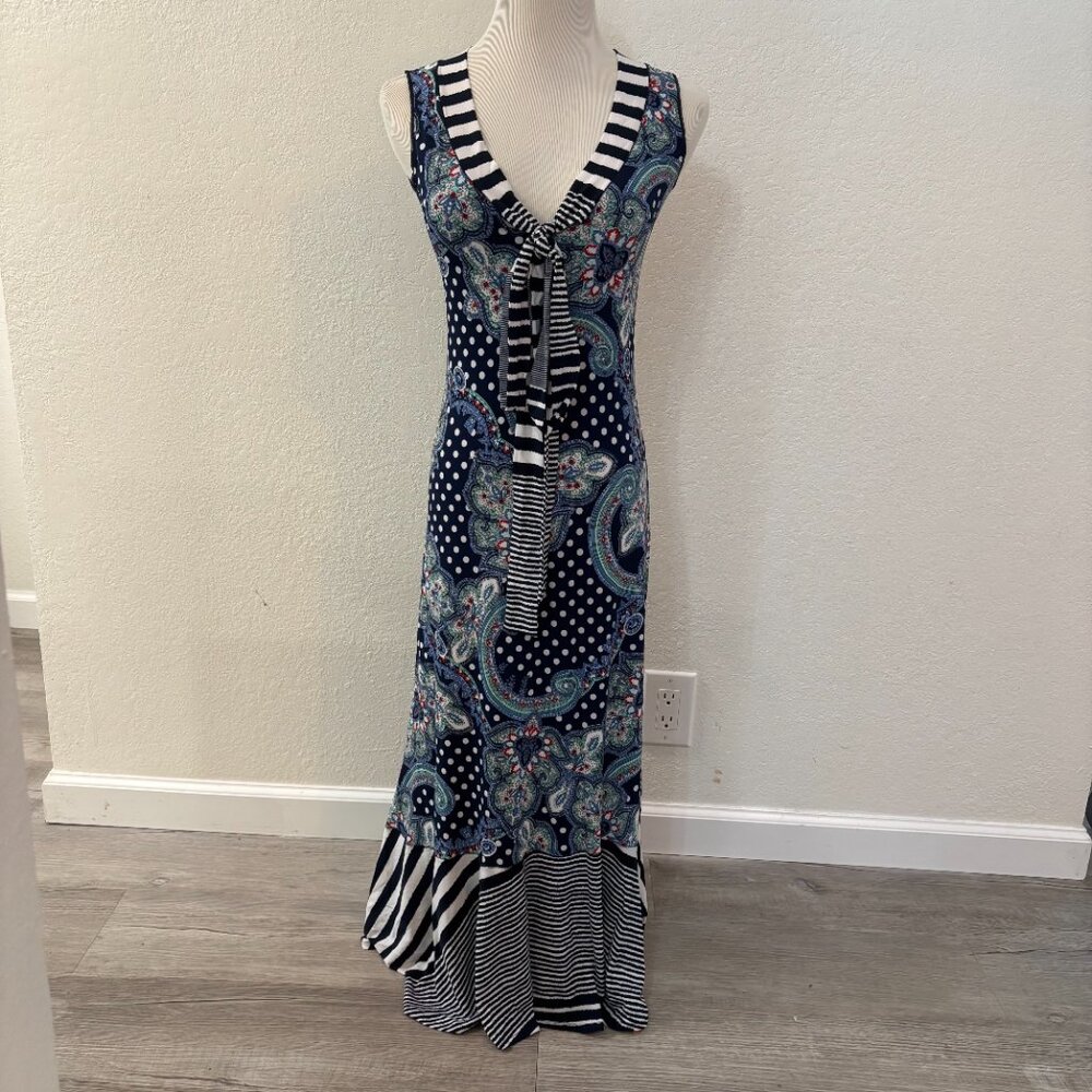 Eva Varro Psychedelic Paisley Polka Dot Tight Fit Stripe Collar Tie Maxi Dress S